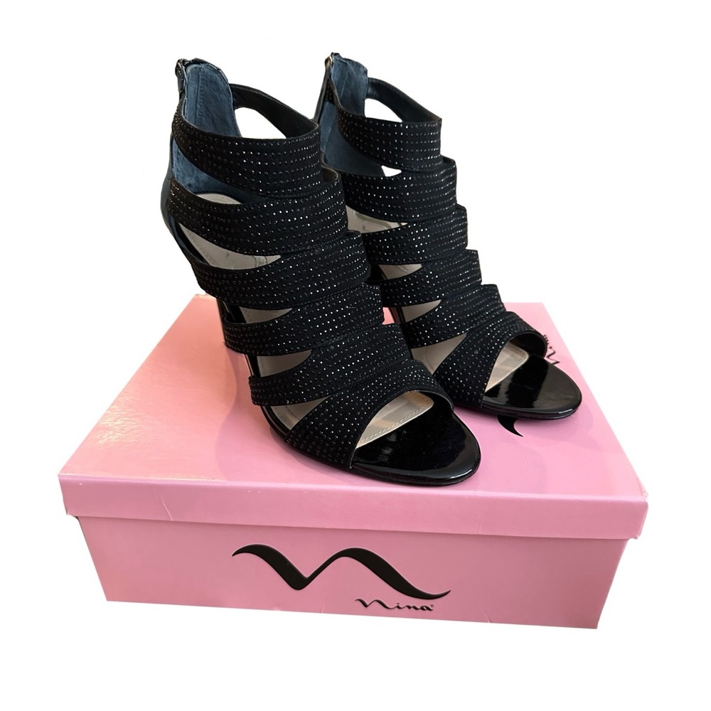 Nina Black Patent and Sequenced Heels Sz 9.5